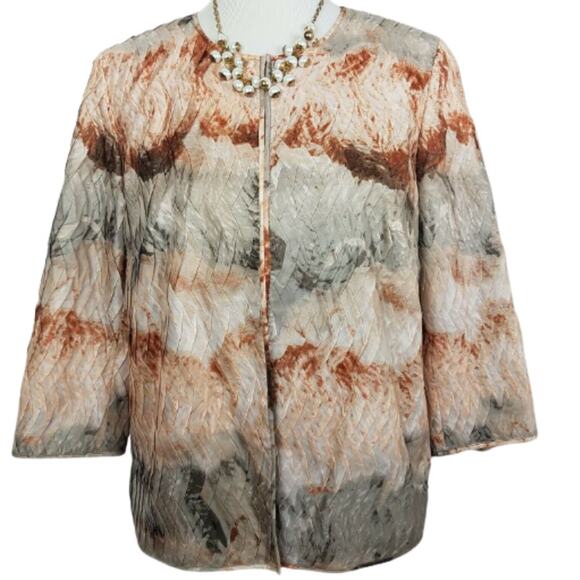 Chicos Travelers Pleated Artisan Jacket Gray Rust Red Sz 1 Medium 3/4 Sleeve - Picture 1 of 15